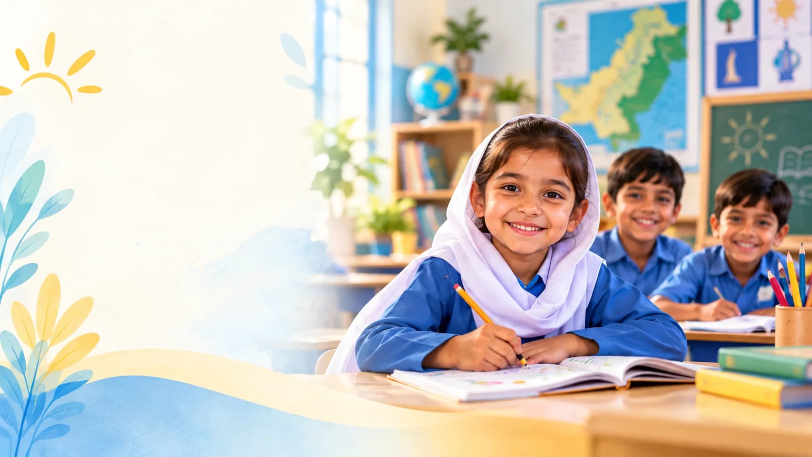 A girl in a white headscarf writing in her notebook and smiling, with two classmates at desks behind her.